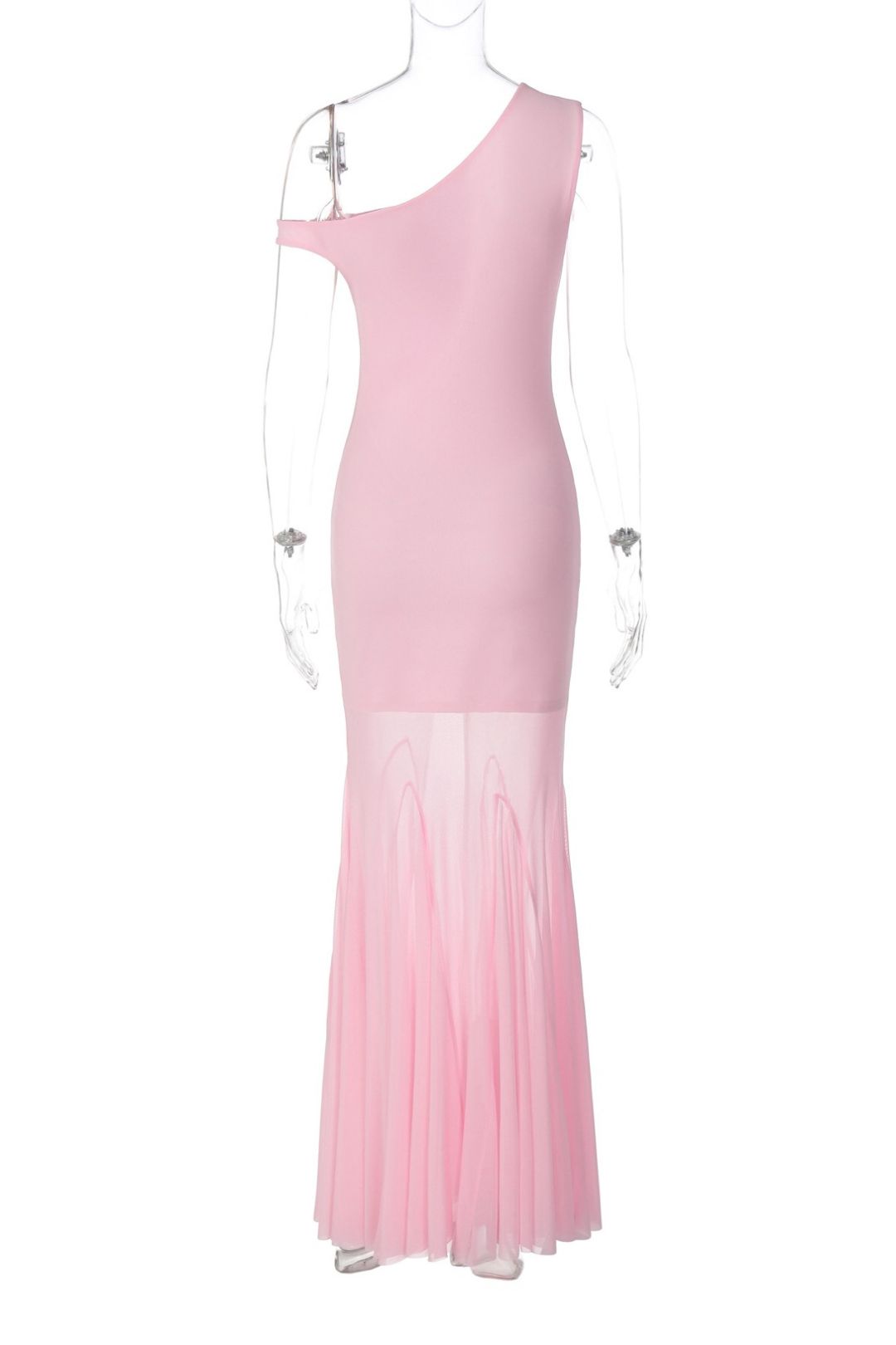 Sexy Hot Girl Off-Shoulder Pleated Mesh Patchwork See-Through Dress