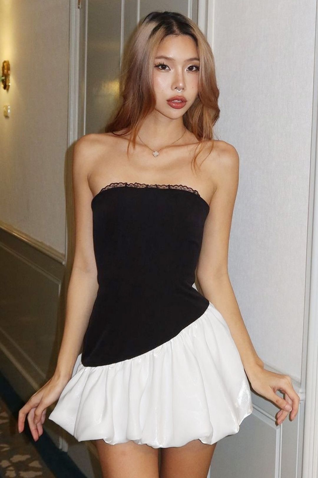 Sexy Color-Blocked Simple Strapless Slim Fit Tulip Dress