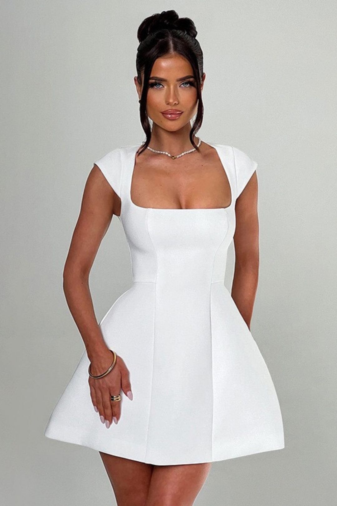 Elegant Short-Sleeved Square Neck Vest A-Line Mini Dress