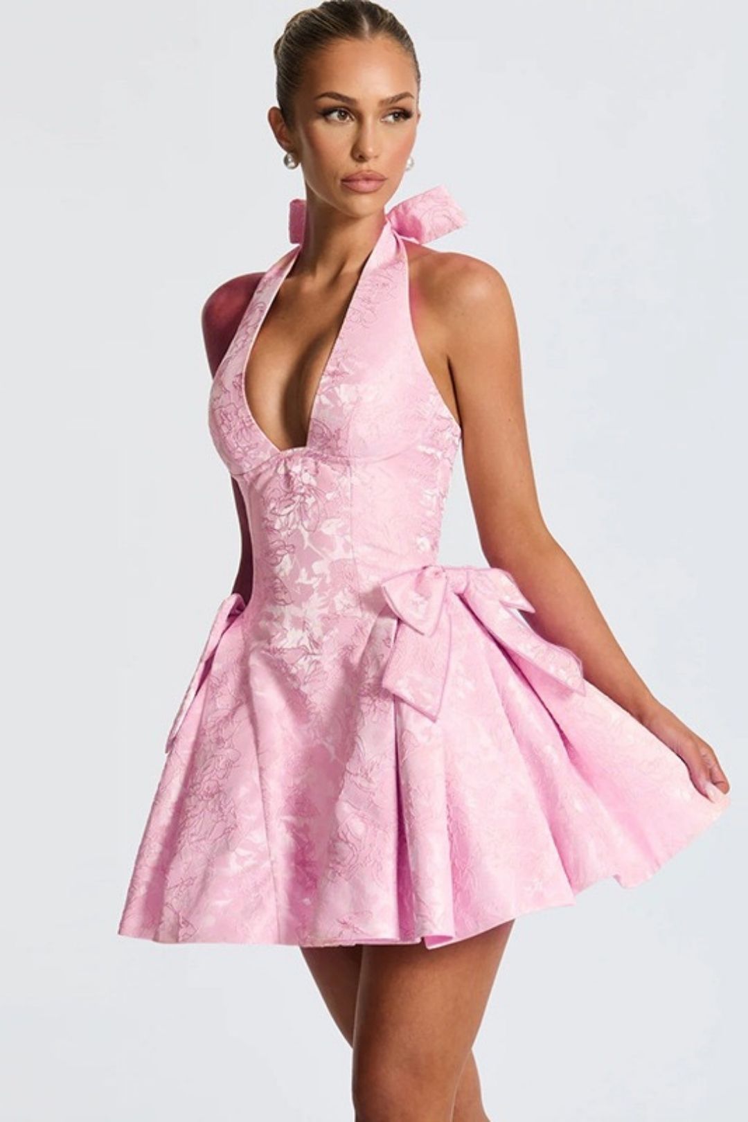 Sexy Sleeveless Halter Neck Jacquard V-neck Jacquard Bow Elegant Dress