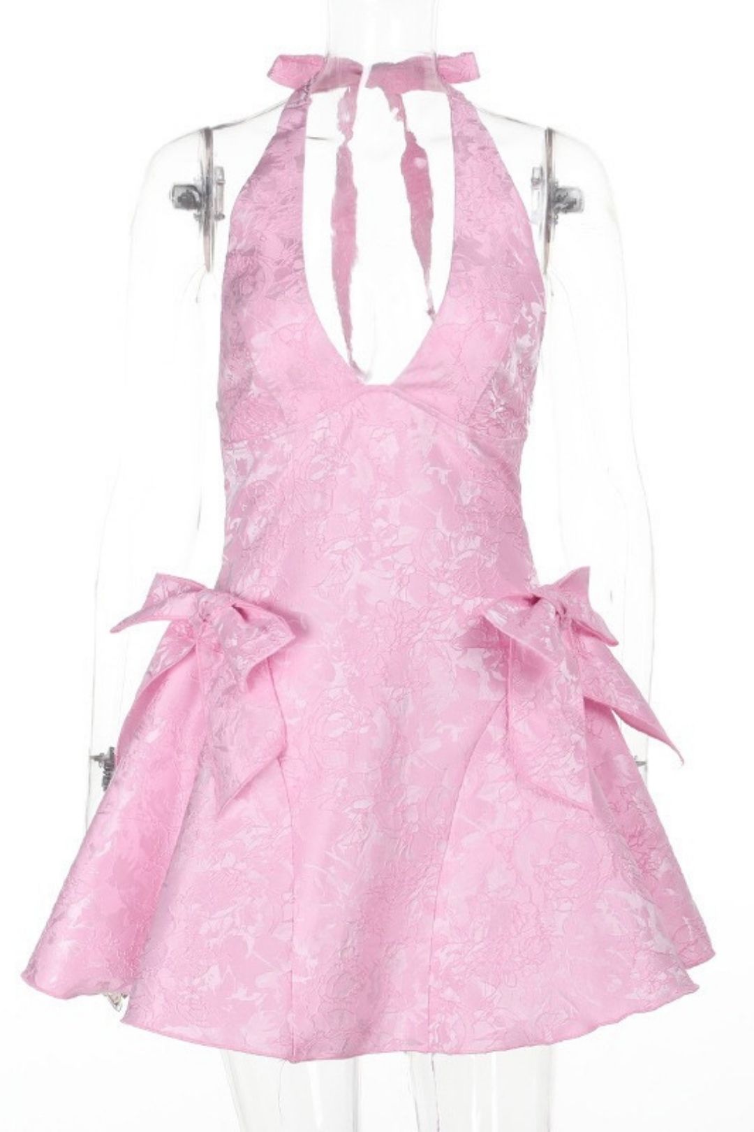 Sexy Sleeveless Halter Neck Jacquard V-neck Jacquard Bow Elegant Dress