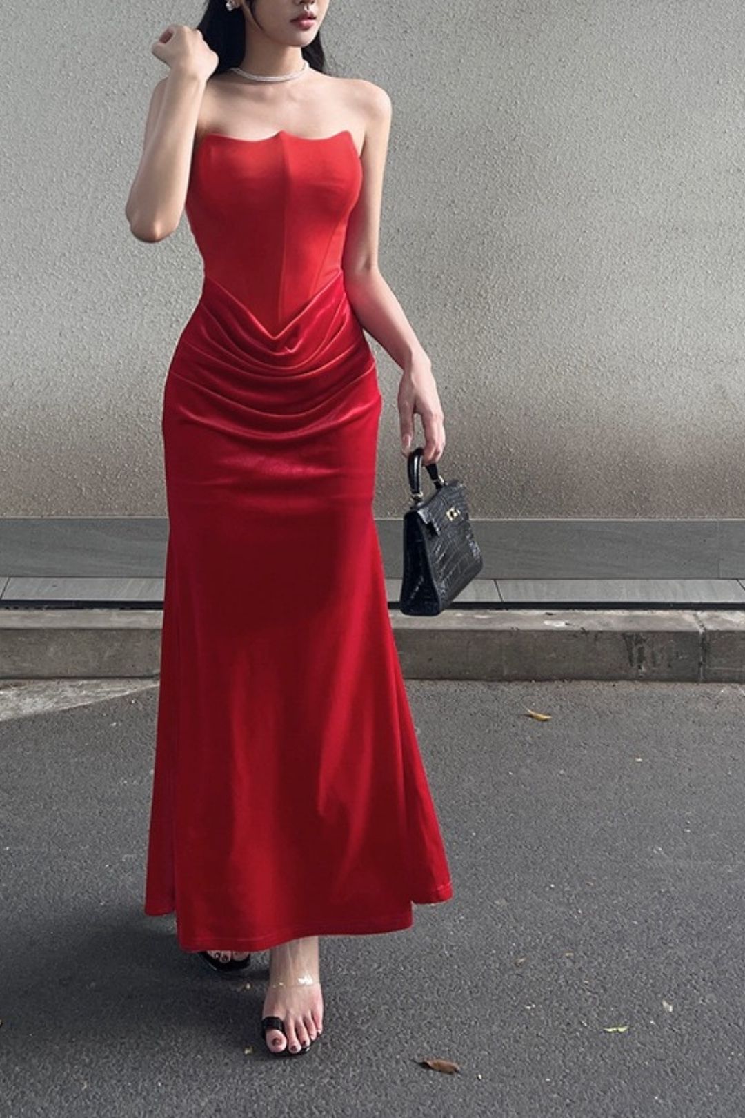 Sexy Velvet Patchwork Waist-cinching Strapless Dress