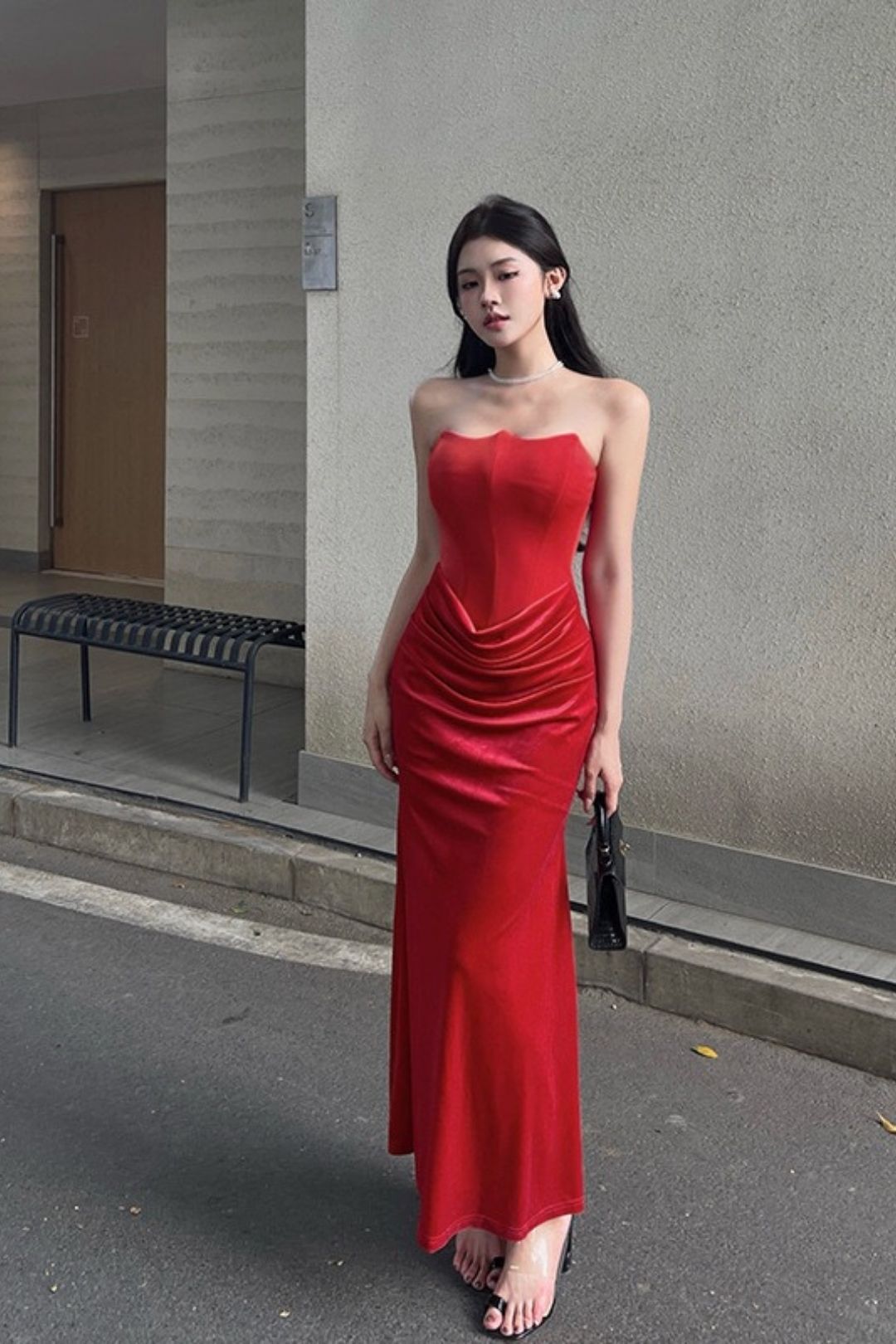 Sexy Velvet Patchwork Waist-cinching Strapless Dress