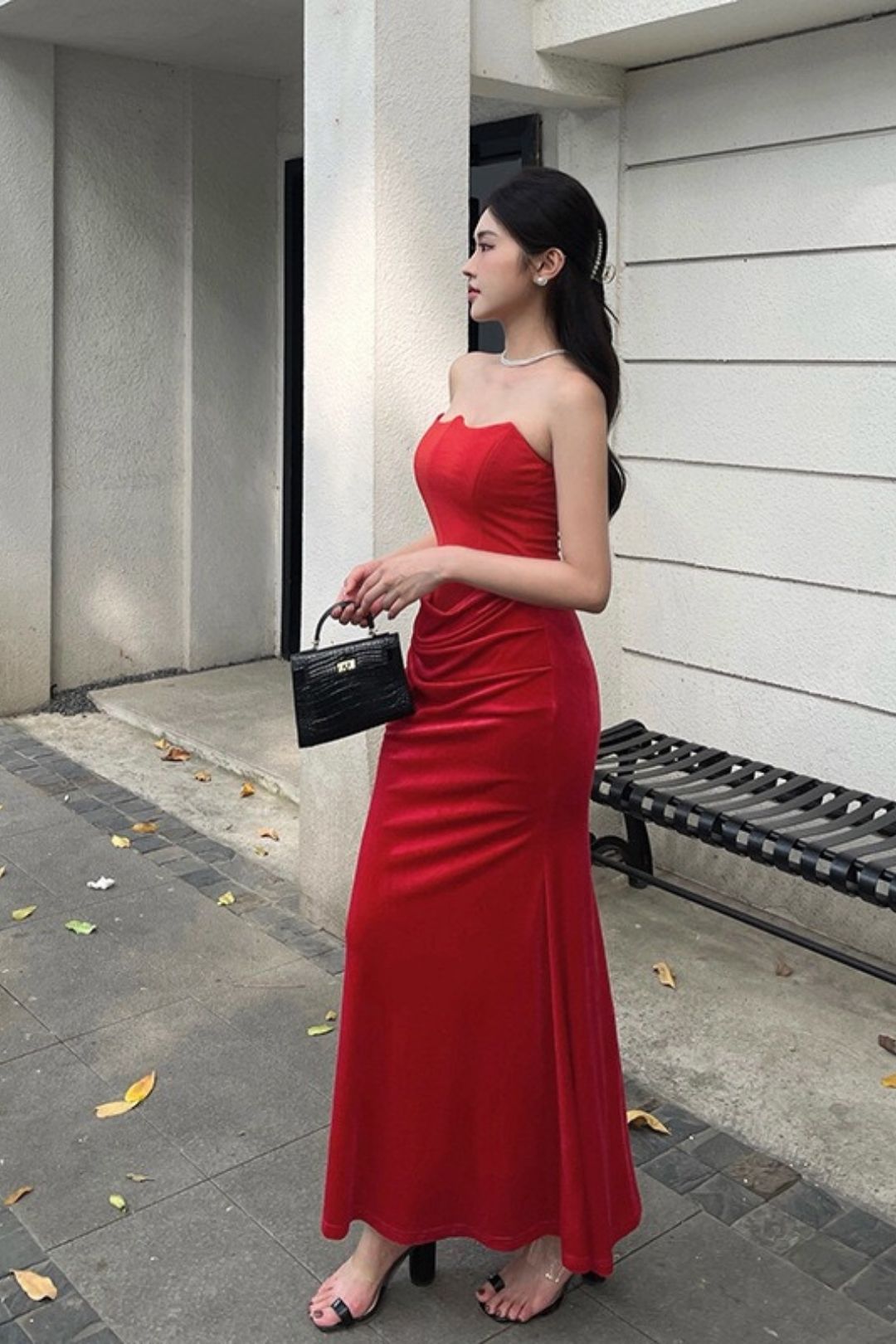 Sexy Velvet Patchwork Waist-cinching Strapless Dress