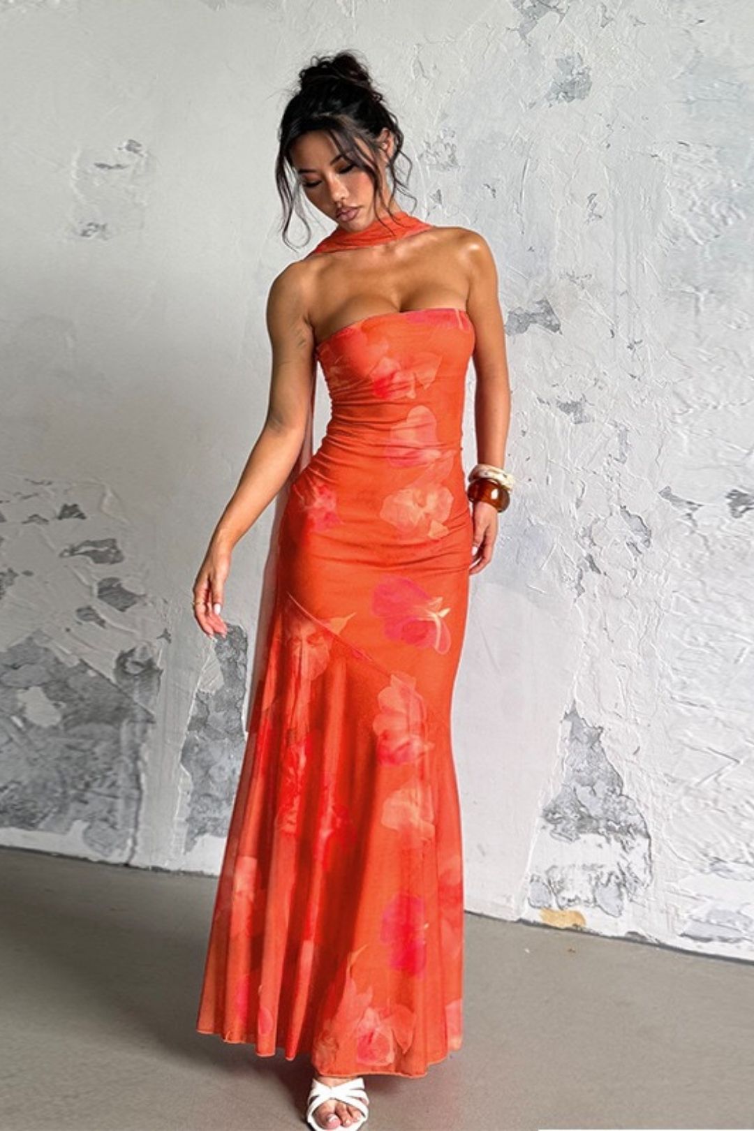 Sexy Strapless Ribbon Mesh Print Long Dress