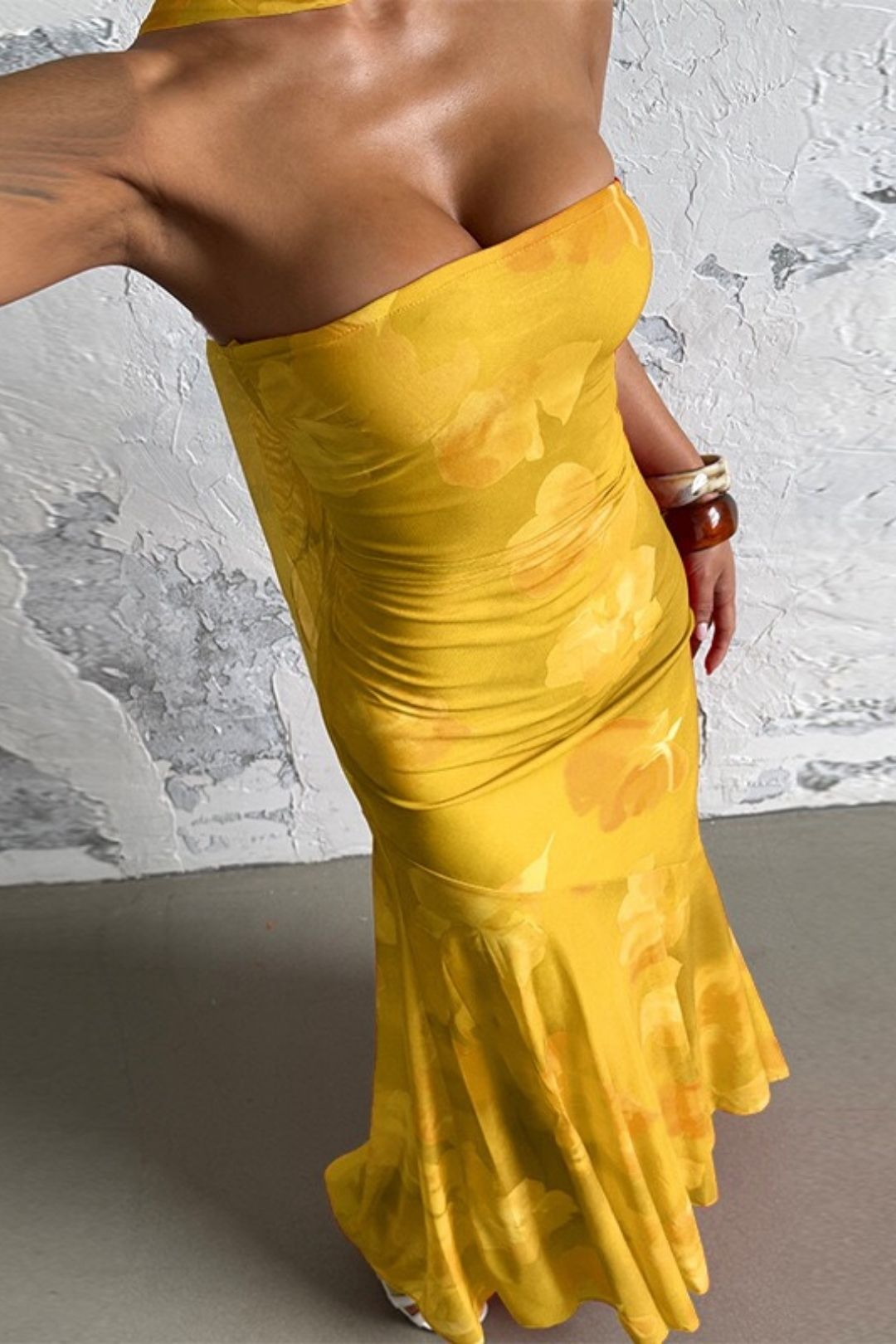 Sexy Strapless Ribbon Mesh Print Long Dress