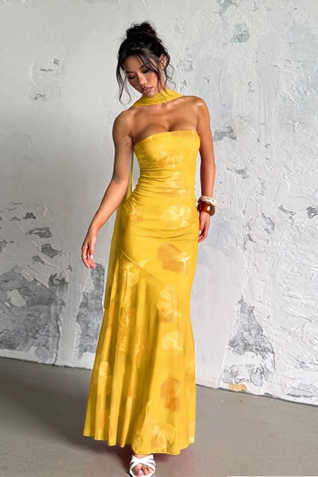 Sexy Strapless Ribbon Mesh Print Long Dress