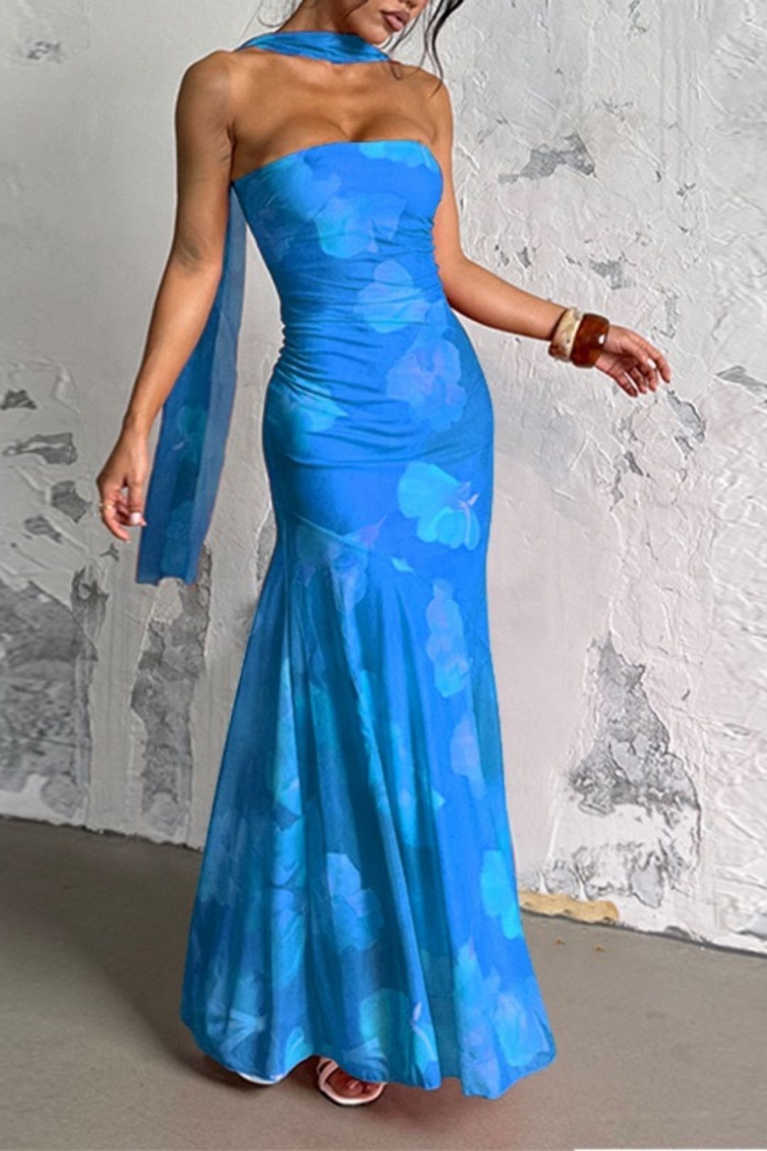 Sexy Strapless Ribbon Mesh Print Long Dress