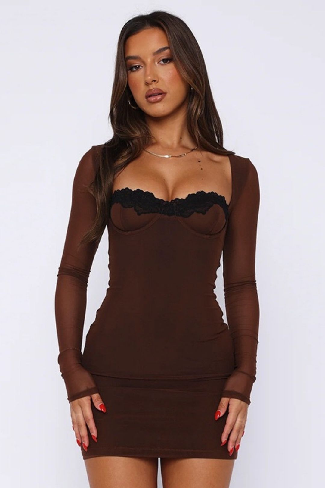 Long-sleeved Lace Trim Bodycon Mini Dress