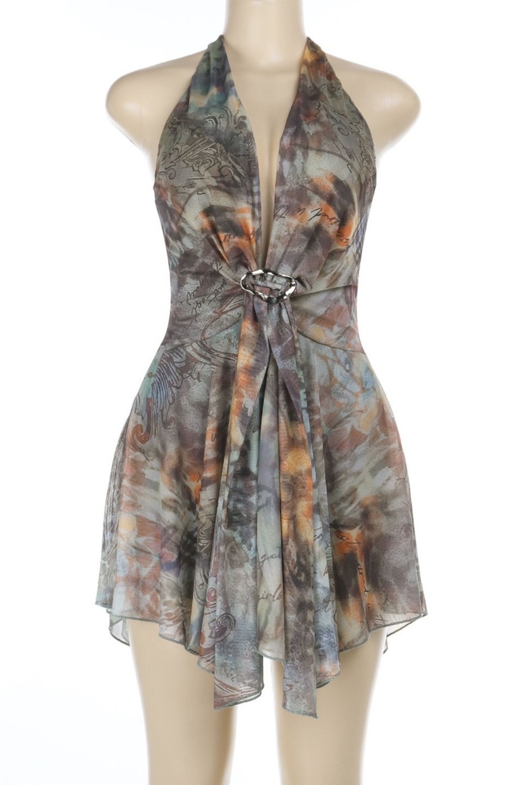 Sexy Deep V Strappy Halterneck Backless Irregular Printed Dress