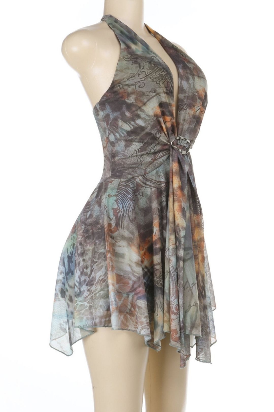 Sexy Deep V Strappy Halterneck Backless Irregular Printed Dress