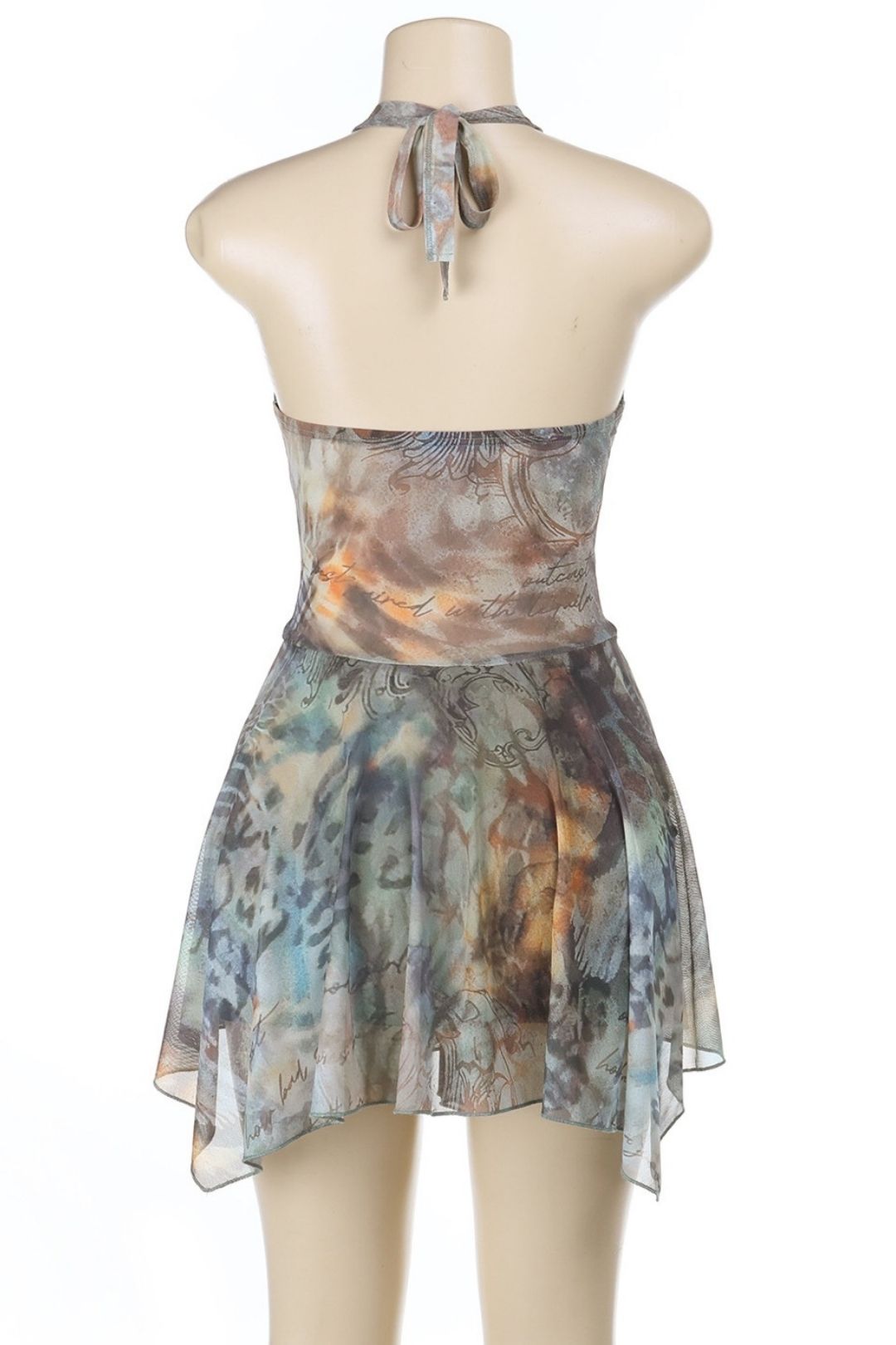 Sexy Deep V Strappy Halterneck Backless Irregular Printed Dress