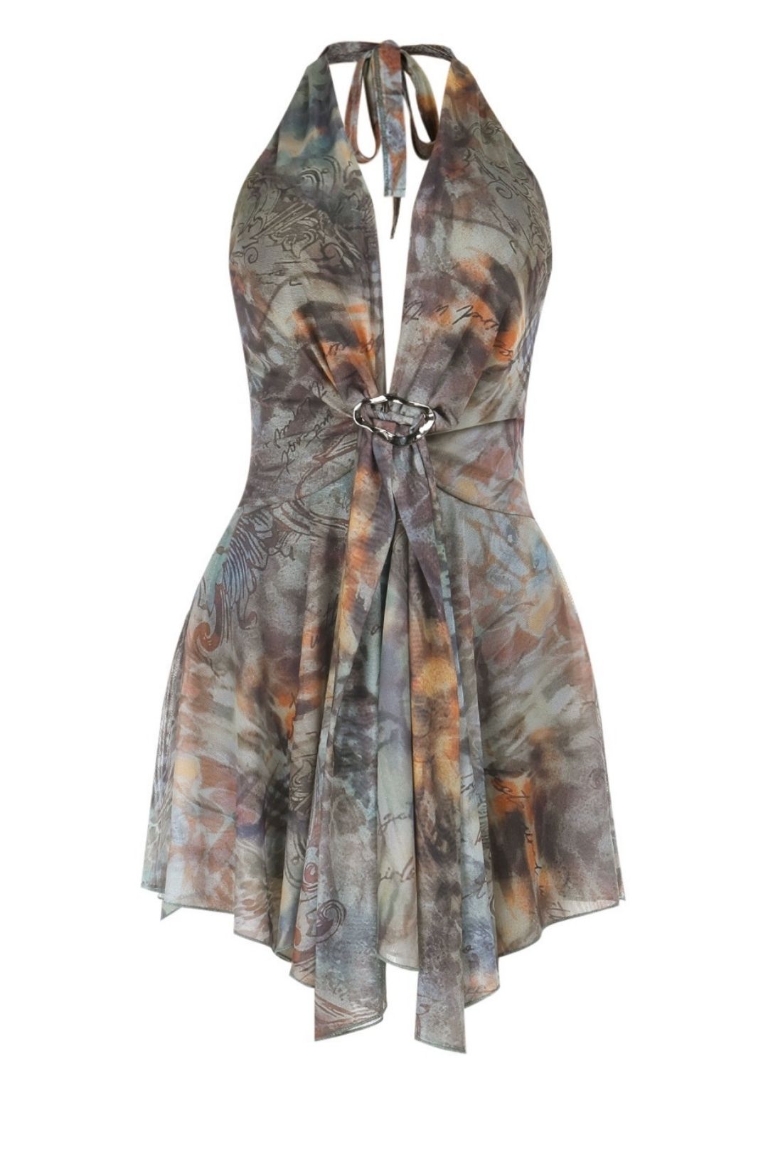 Sexy Deep V Strappy Halterneck Backless Irregular Printed Dress