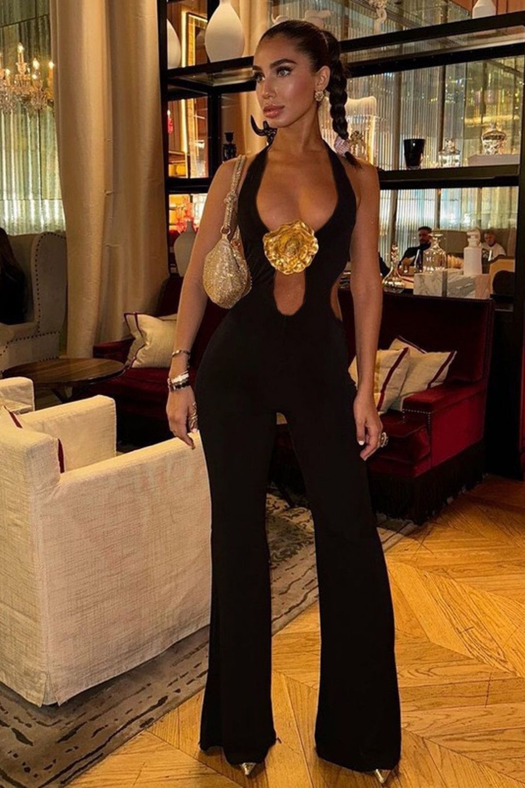 V-neck Halter Neck Strapless Gold Three-dimensional Flower Jumpsuit