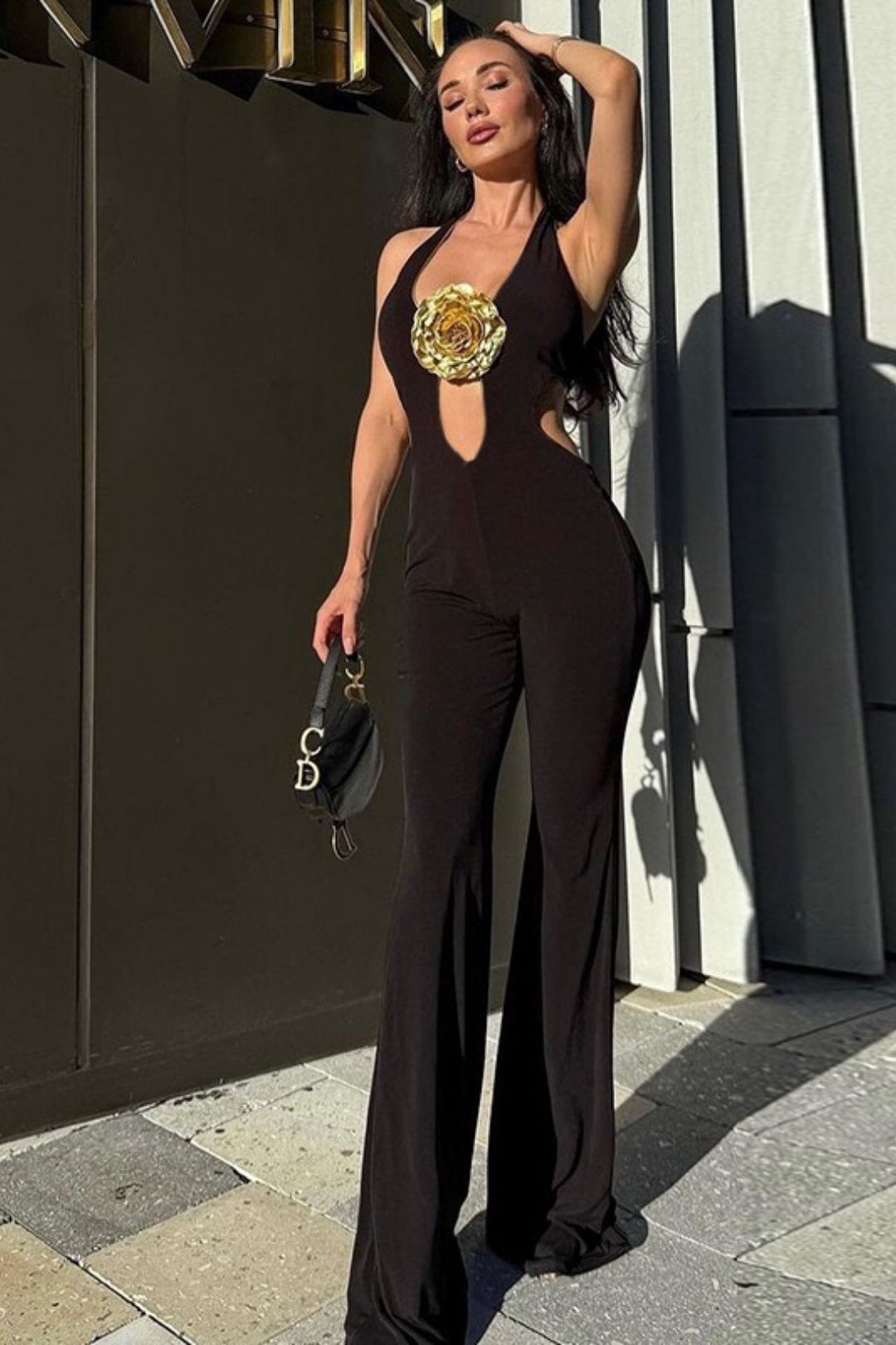 V-neck Halter Neck Strapless Gold Three-dimensional Flower Jumpsuit