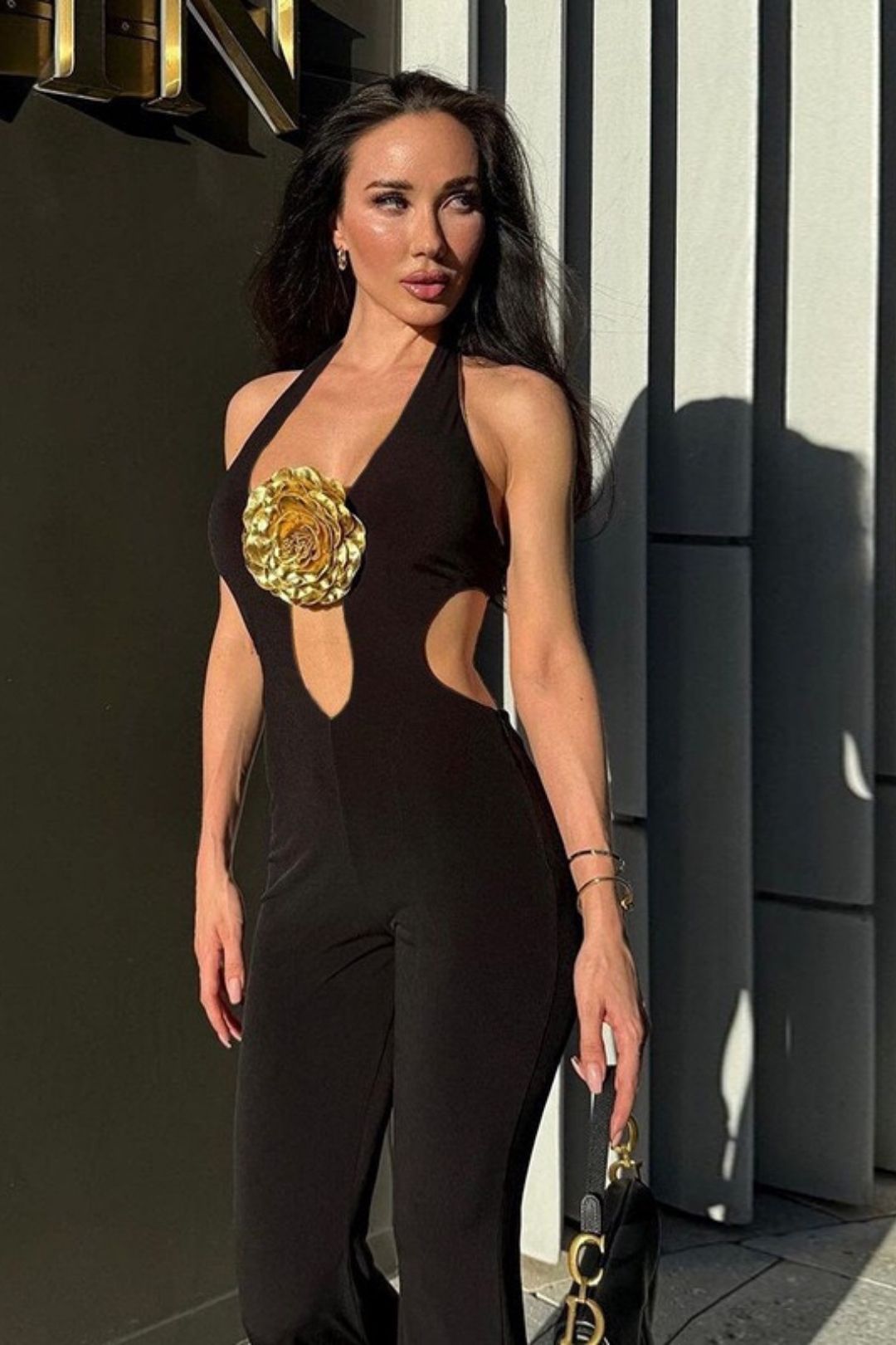 V-neck Halter Neck Strapless Gold Three-dimensional Flower Jumpsuit