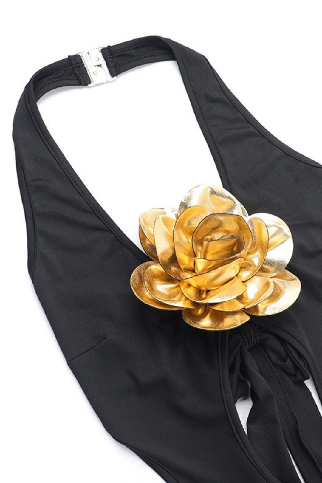 V-neck Halter Neck Strapless Gold Three-dimensional Flower Jumpsuit