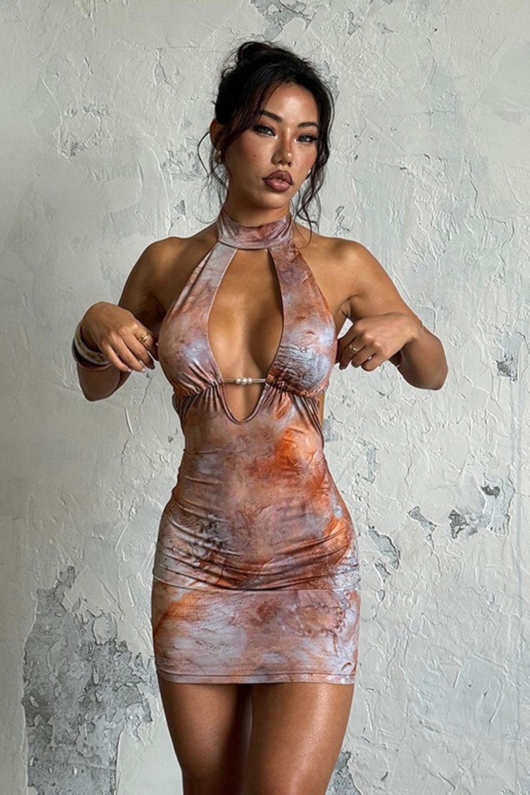 Sexy Hollow-out Print Halter Neck Bodycon Dress