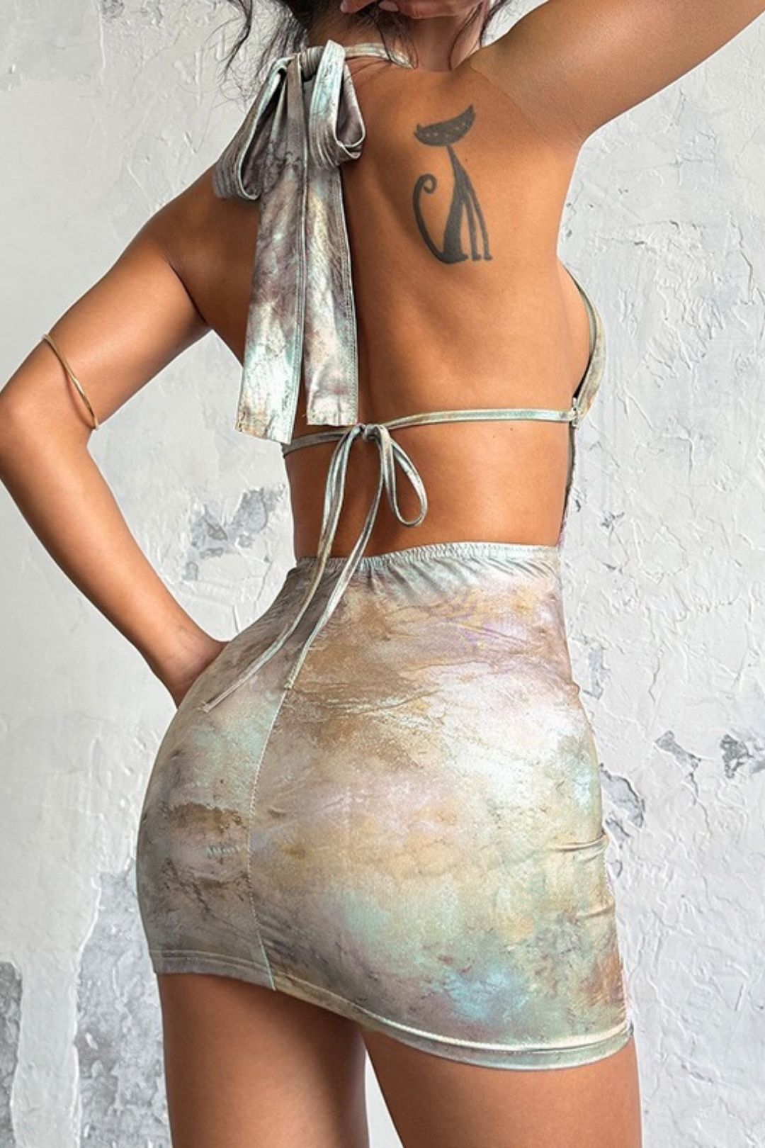 Sexy Hollow-out Print Halter Neck Bodycon Dress