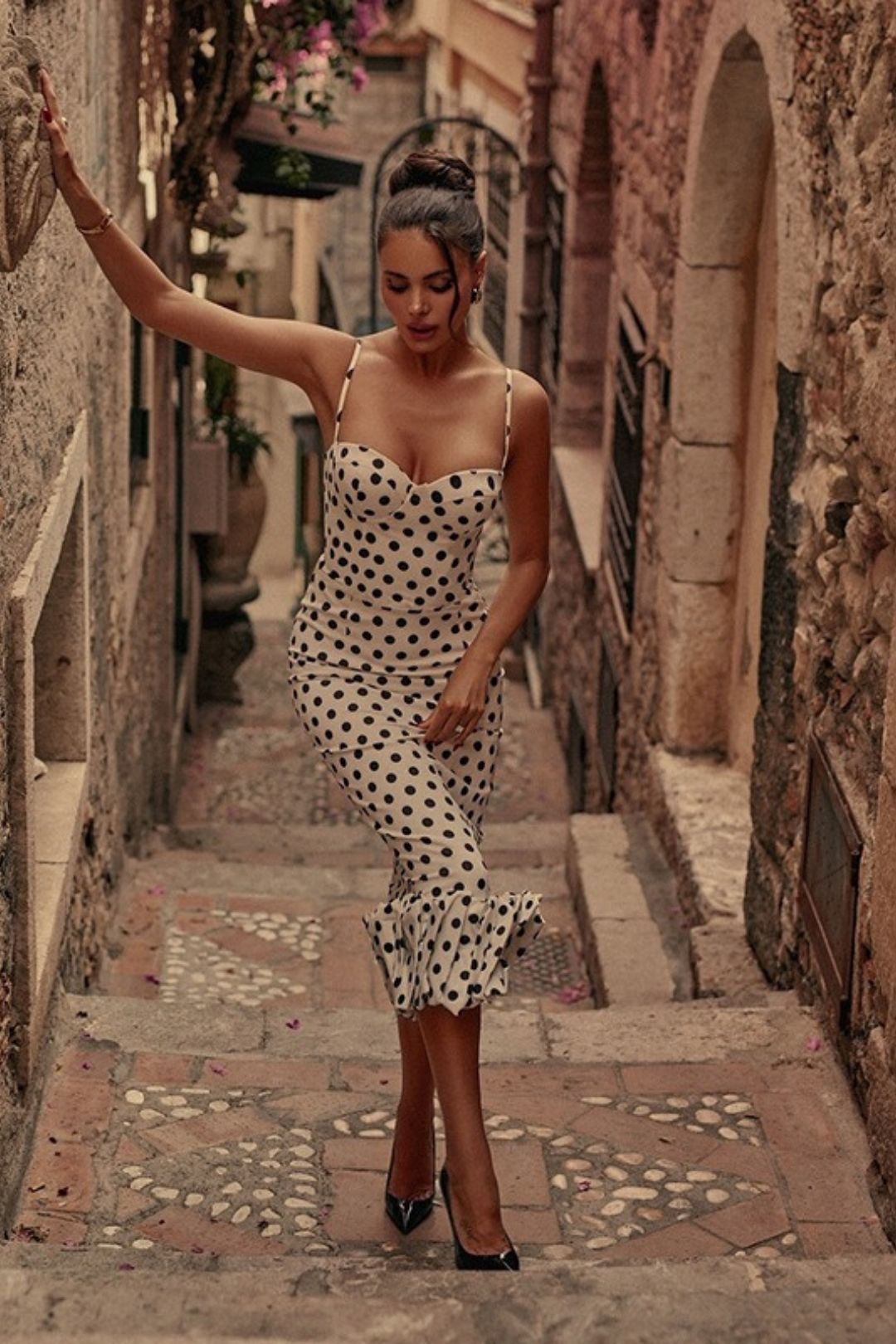 Polka Dot Slim Fit Pleated Skirt, Spaghetti Strap Dress