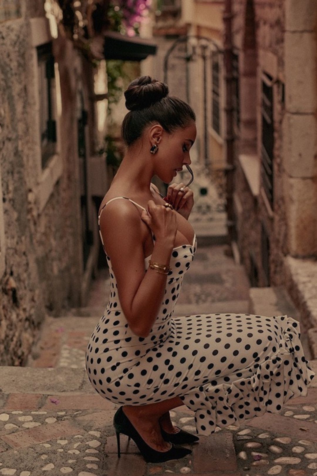 Polka Dot Slim Fit Pleated Skirt, Spaghetti Strap Dress