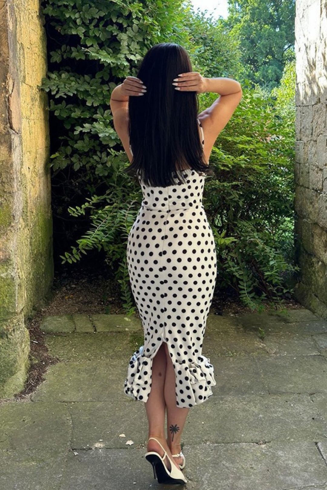 Polka Dot Slim Fit Pleated Skirt, Spaghetti Strap Dress