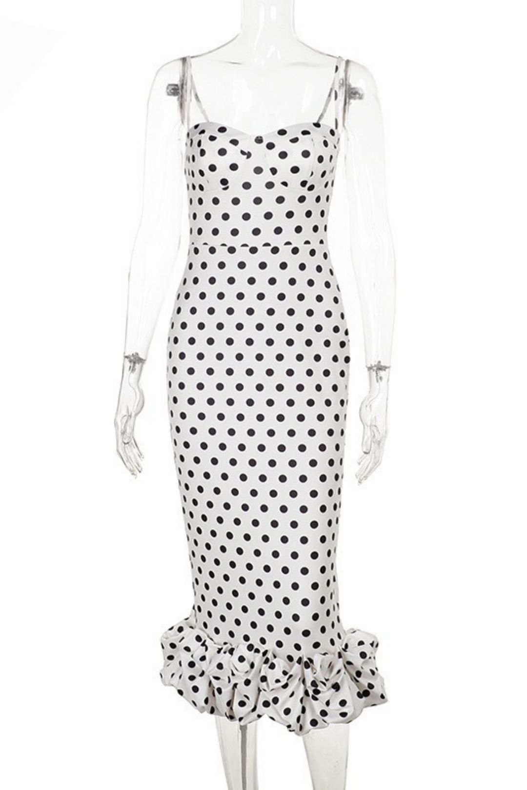 Polka Dot Slim Fit Pleated Skirt, Spaghetti Strap Dress