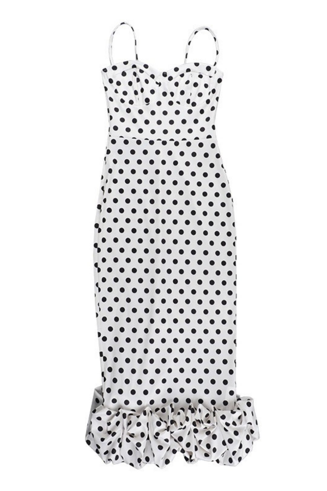 Polka Dot Slim Fit Pleated Skirt, Spaghetti Strap Dress
