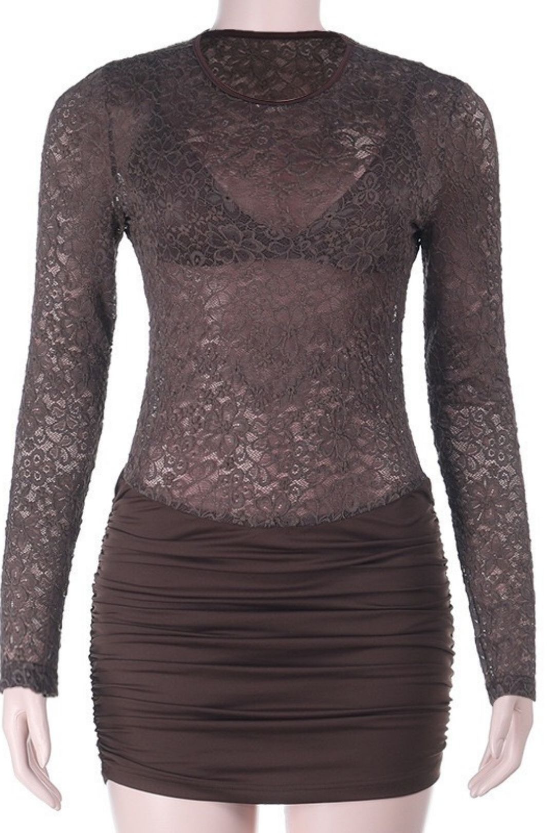 Sexy Lace Patchwork, Gentle And Romantic Long-sleeved Slim-fit Bodycon Skirt Dress