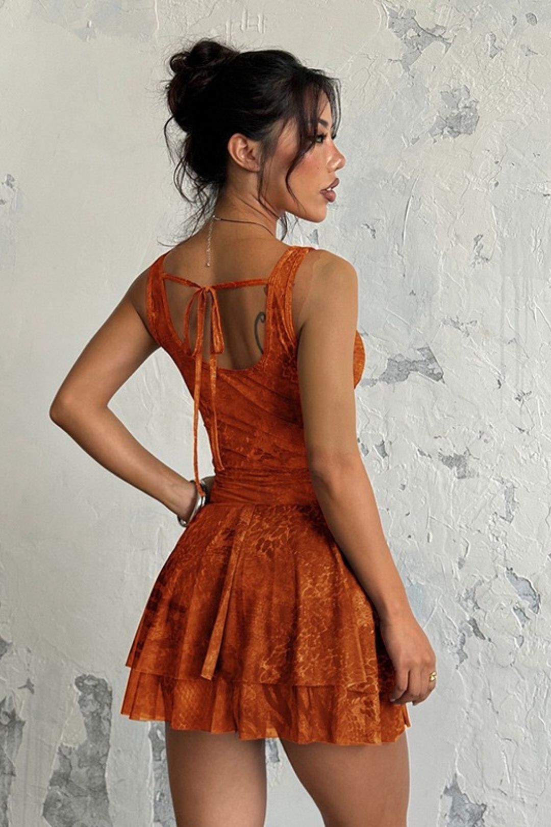 Sexy Hollowed-out Print Deep V Bust-enhancing Suspender Backless Dress
