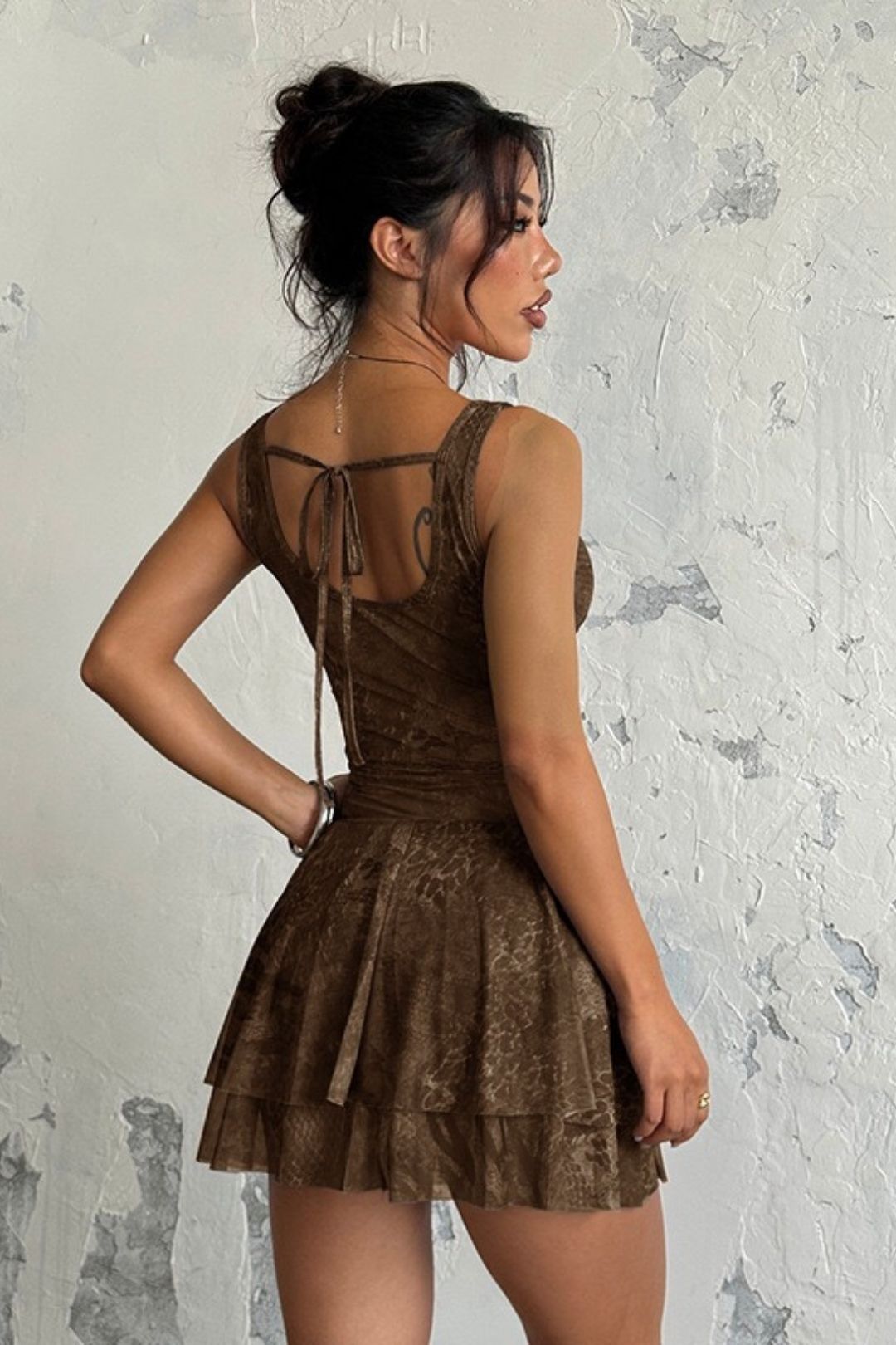 Sexy Hollowed-out Print Deep V Bust-enhancing Suspender Backless Dress