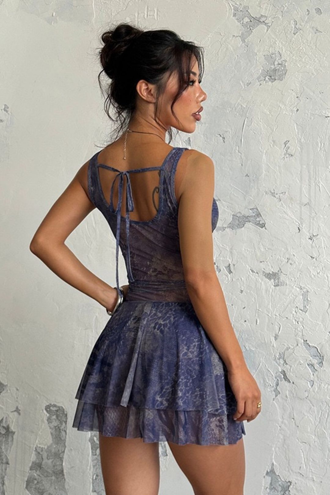 Sexy Hollowed-out Print Deep V Bust-enhancing Suspender Backless Dress