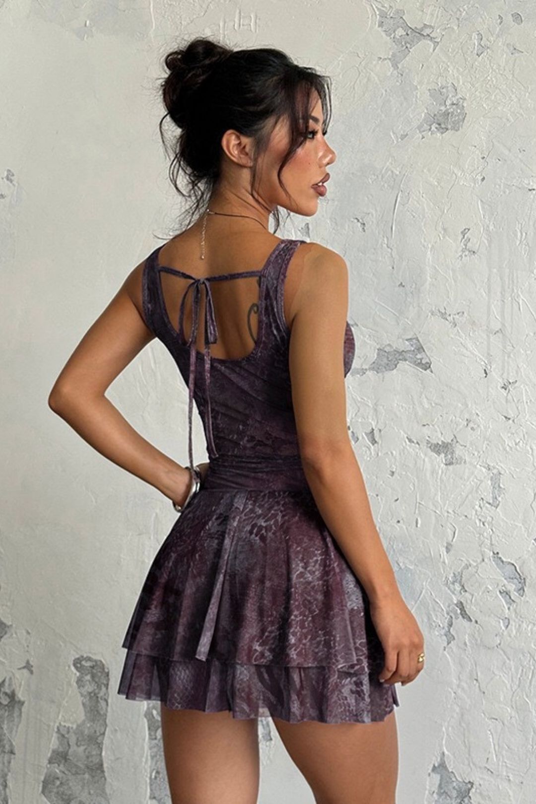 Sexy Hollowed-out Print Deep V Bust-enhancing Suspender Backless Dress