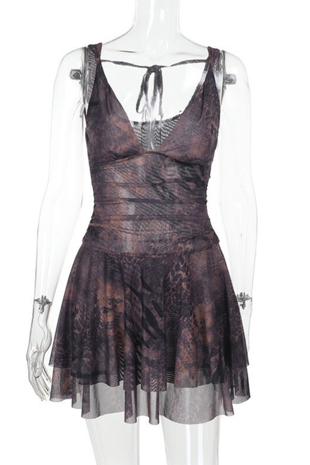 Sexy Hollowed-out Print Deep V Bust-enhancing Suspender Backless Dress
