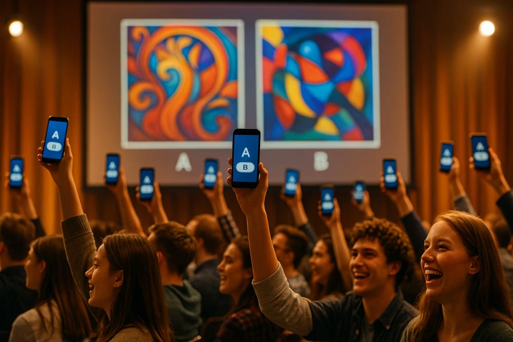 Prompt Battle seyirci oylaması: katılımcılar telefonlarından A veya B'ye oy veriyor