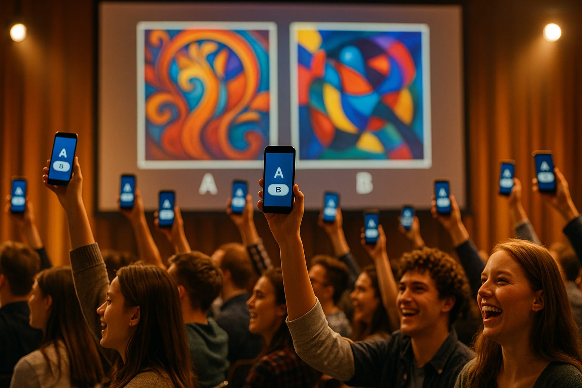 Prompt Battle seyirci oylaması: katılımcılar telefonlarından A veya B'ye oy veriyor