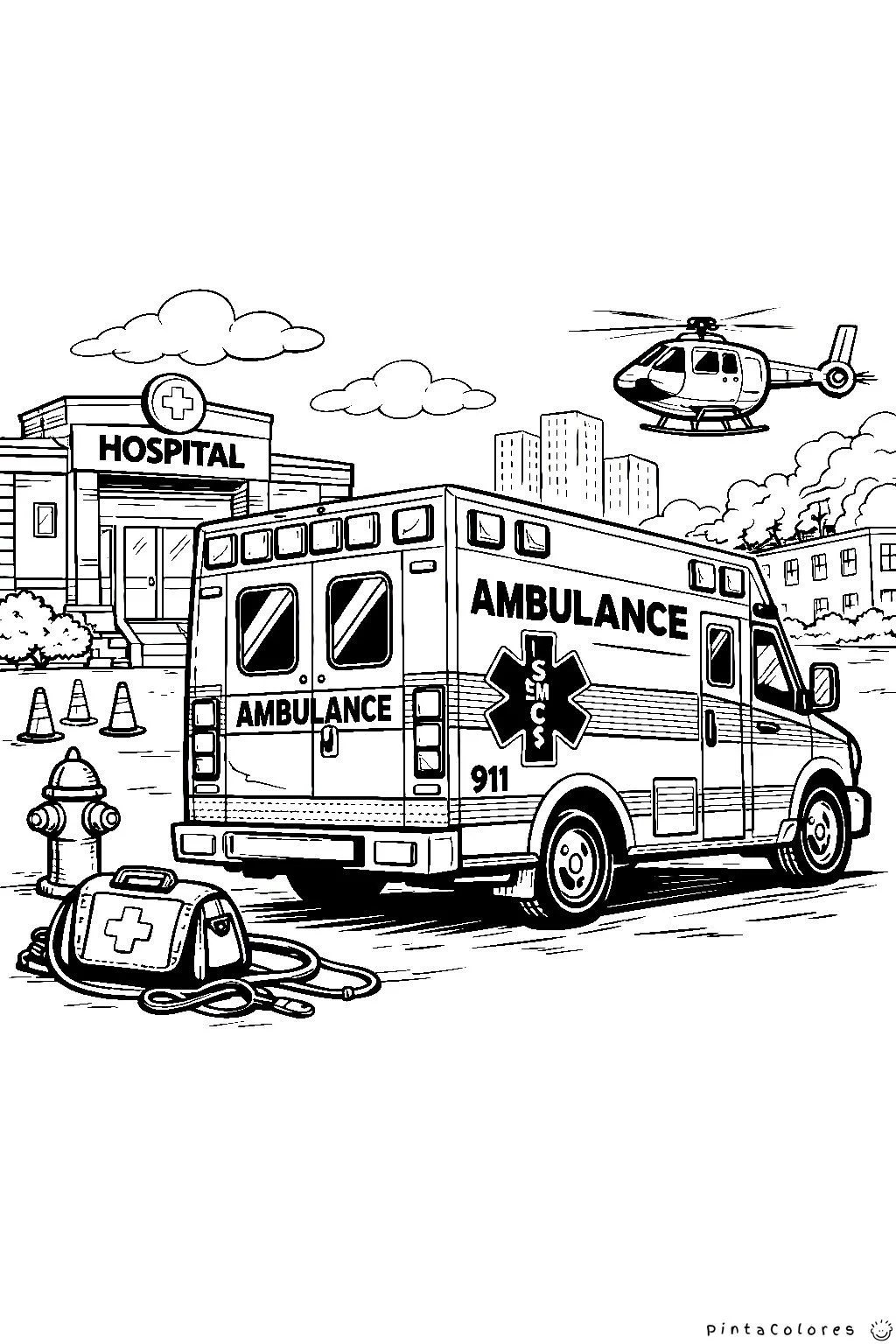 Ambulancia frente a un hospital lista para una emergencia