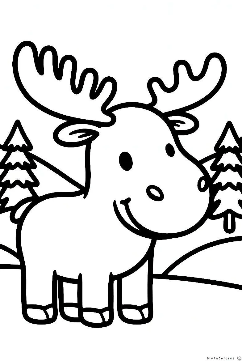 Dibujo tierno de un pequeño alce con astas redondeadas en un bosque de pinos con nieve, estilo infantil.