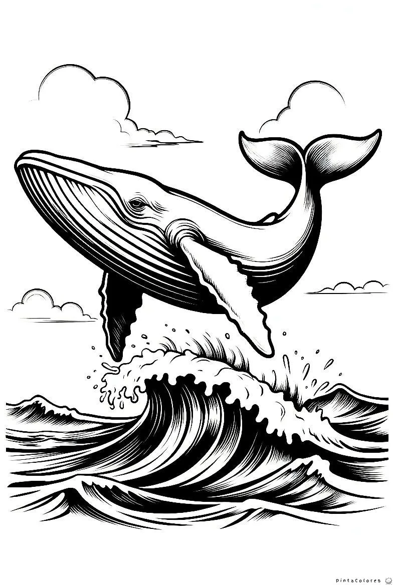 Ilustración detallada de una ballena jorobada emergiendo de una gran ola en el océano, con nubes de fondo.