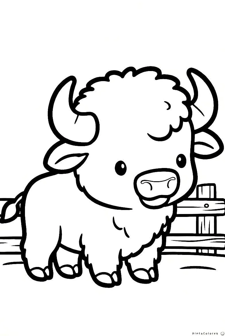 Ilustración de un pequeño bisonte o búfalo de estilo caricatura frente a una valla de madera, trazos simples.