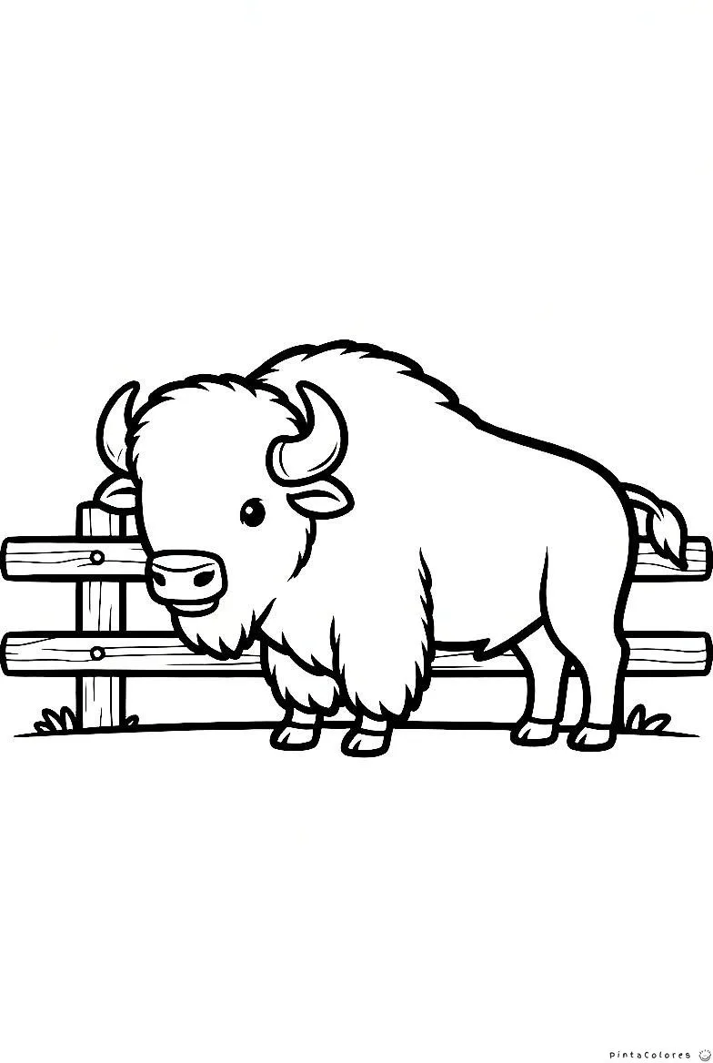 Dibujo lineal de un bisonte adulto de perfil parado frente a una cerca de madera en una pradera.