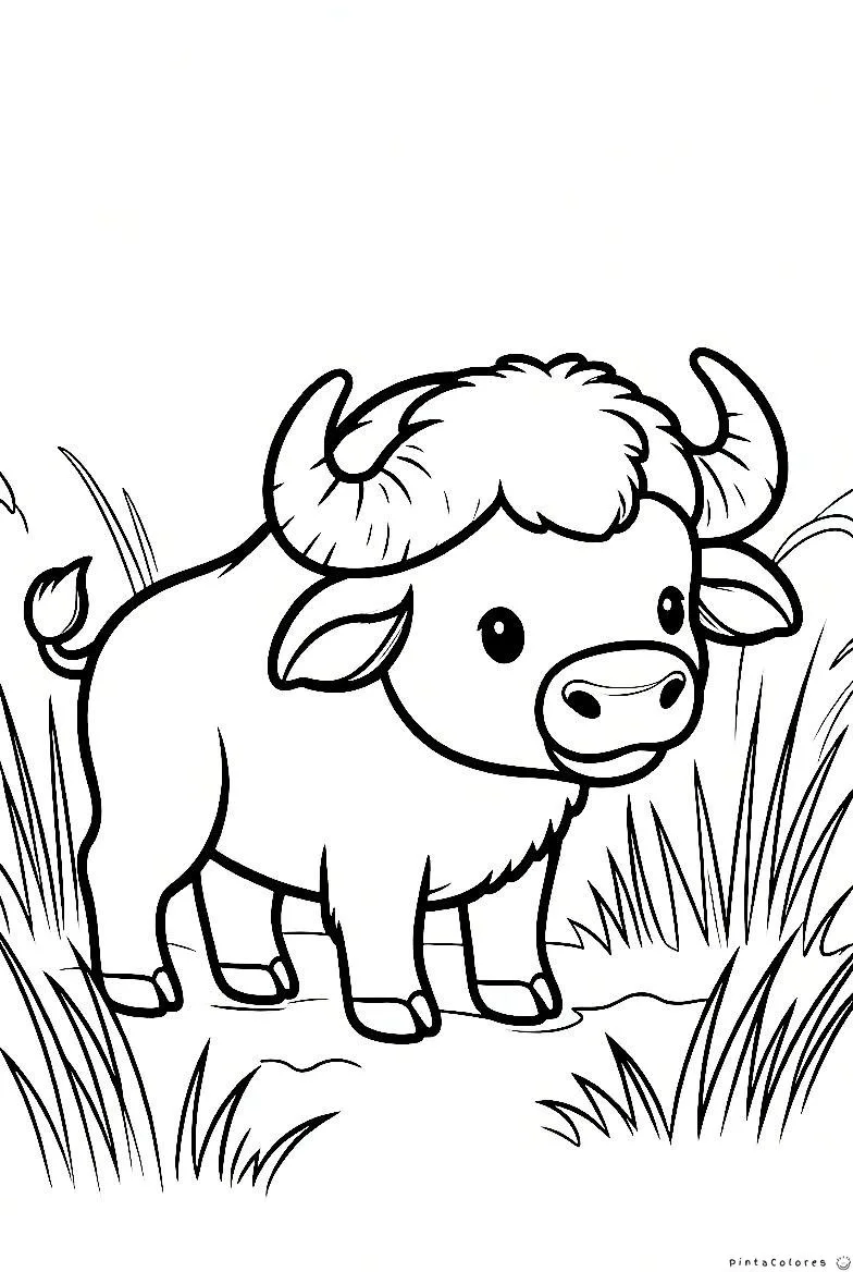 Dibujo infantil de un pequeño búfalo con cuernos curvos parado sobre el césped, estilo animado.