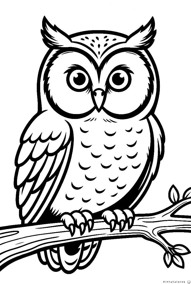 Ilustración detallada de un búho o lechuza con grandes ojos y plumaje marcado, posado sobre una rama de árbol.