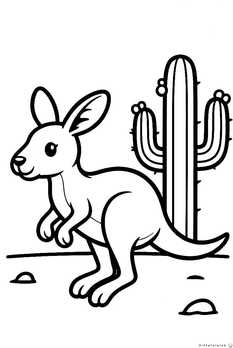 Dibujo infantil de un canguro parado junto a un cactus en un paisaje árido, estilo caricatura.