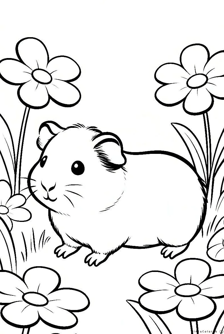 Cobayo en jardín con flores dibujo para colorear