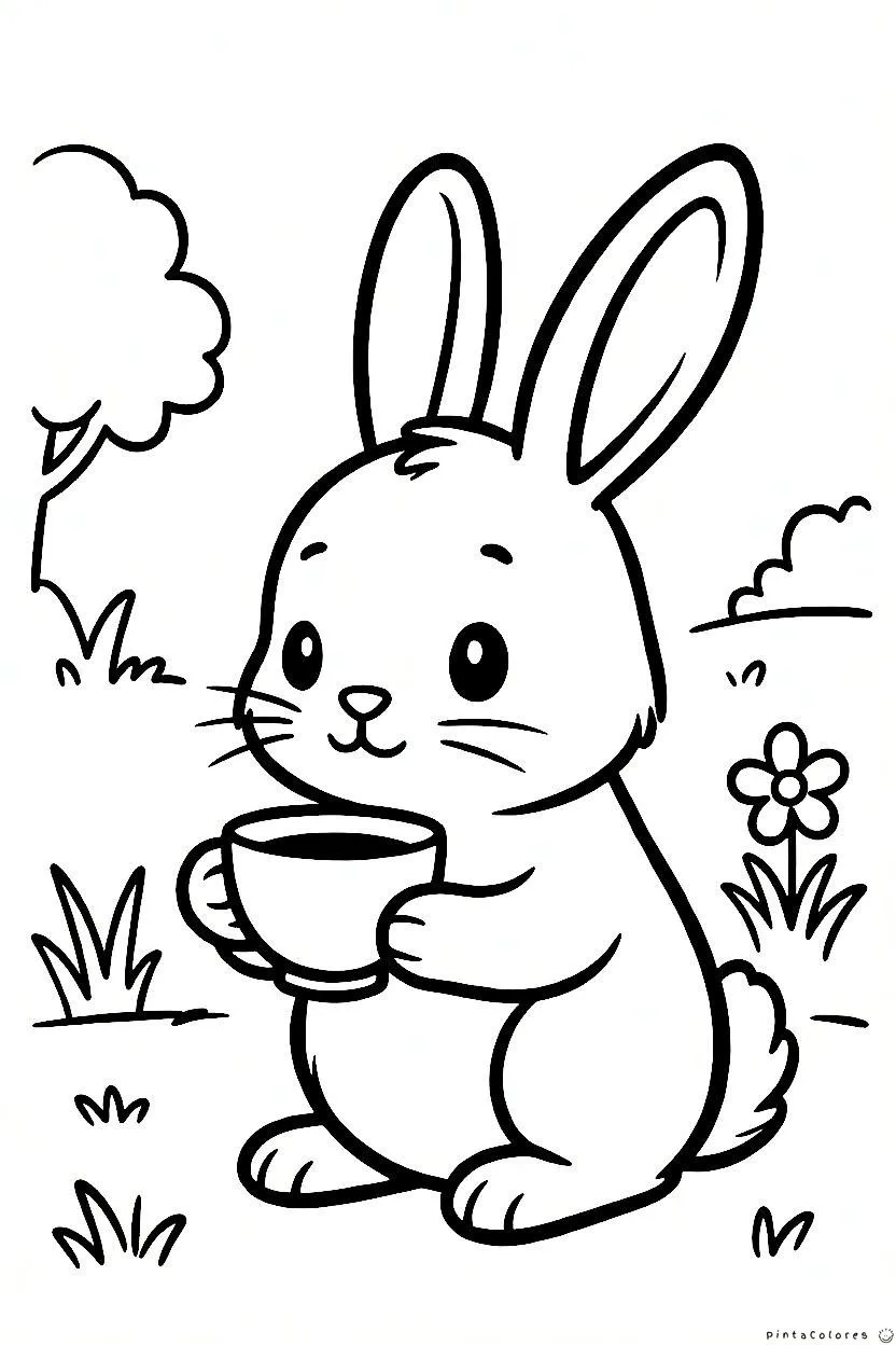 Conejo con taza dibujo para colorear