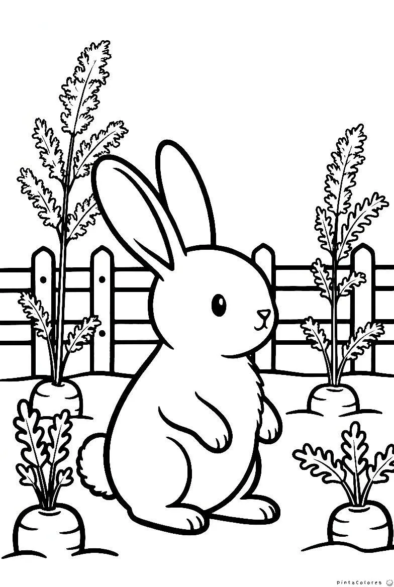 Conejo en huerta con verduras dibujo para colorear
