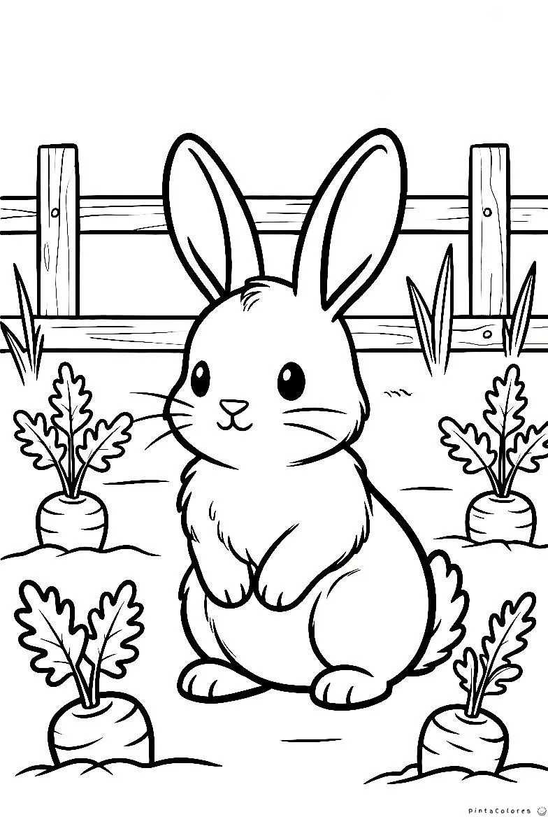 Conejo sentado en jardín dibujo para colorear