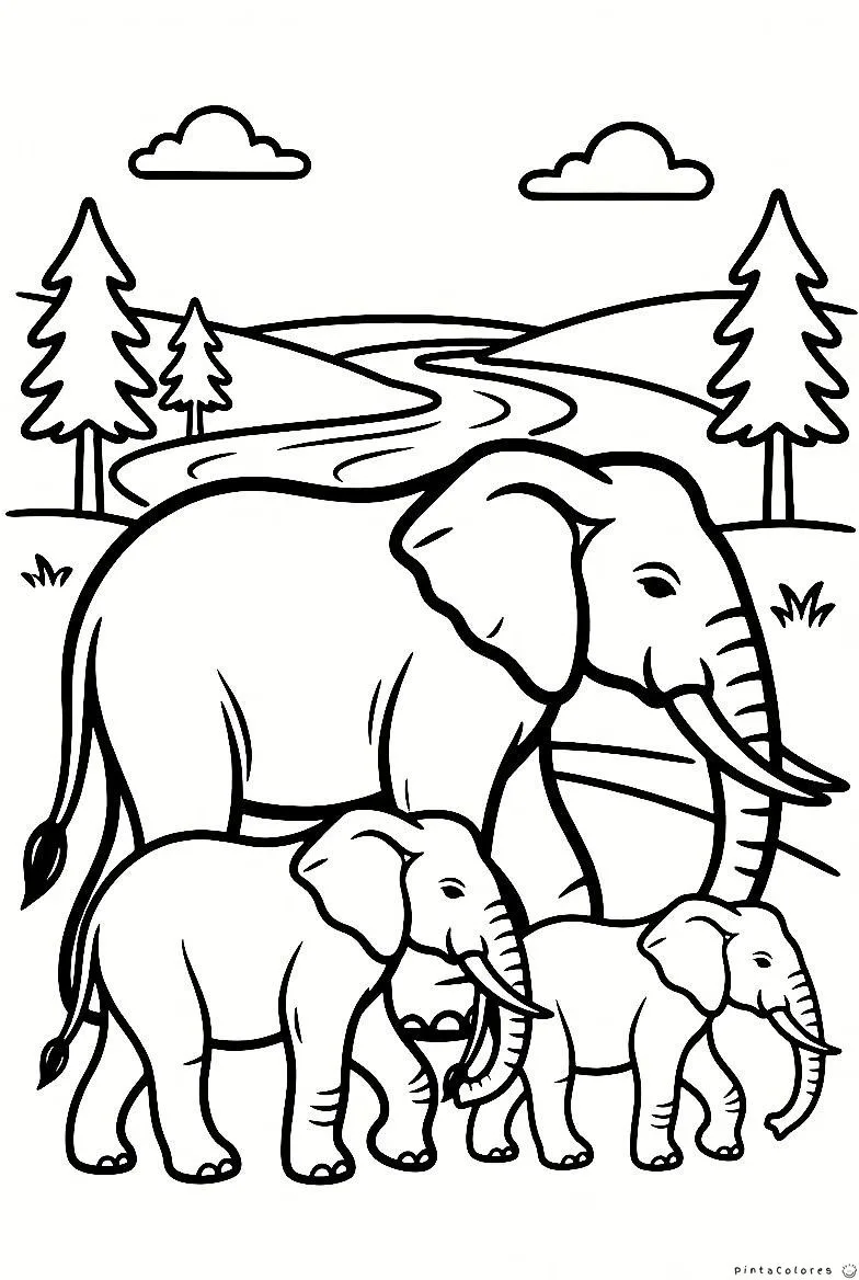 Elefantes en río dibujo para colorear