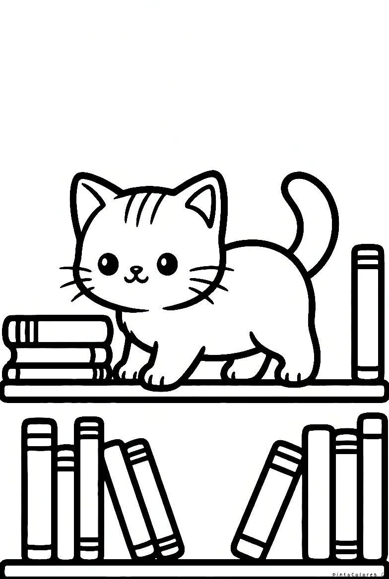 Gato sentado junto a libros dibujo para colorear